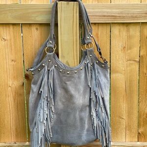 grey suede boho bag with fringe